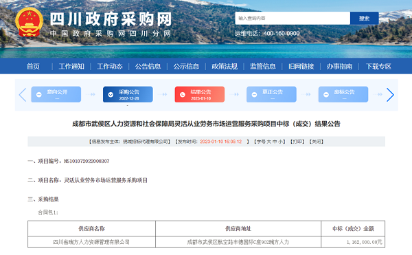 喜訊！瑞方人力中標武侯區人社局靈活從業勞務市場運營服務采購項目 第1張
